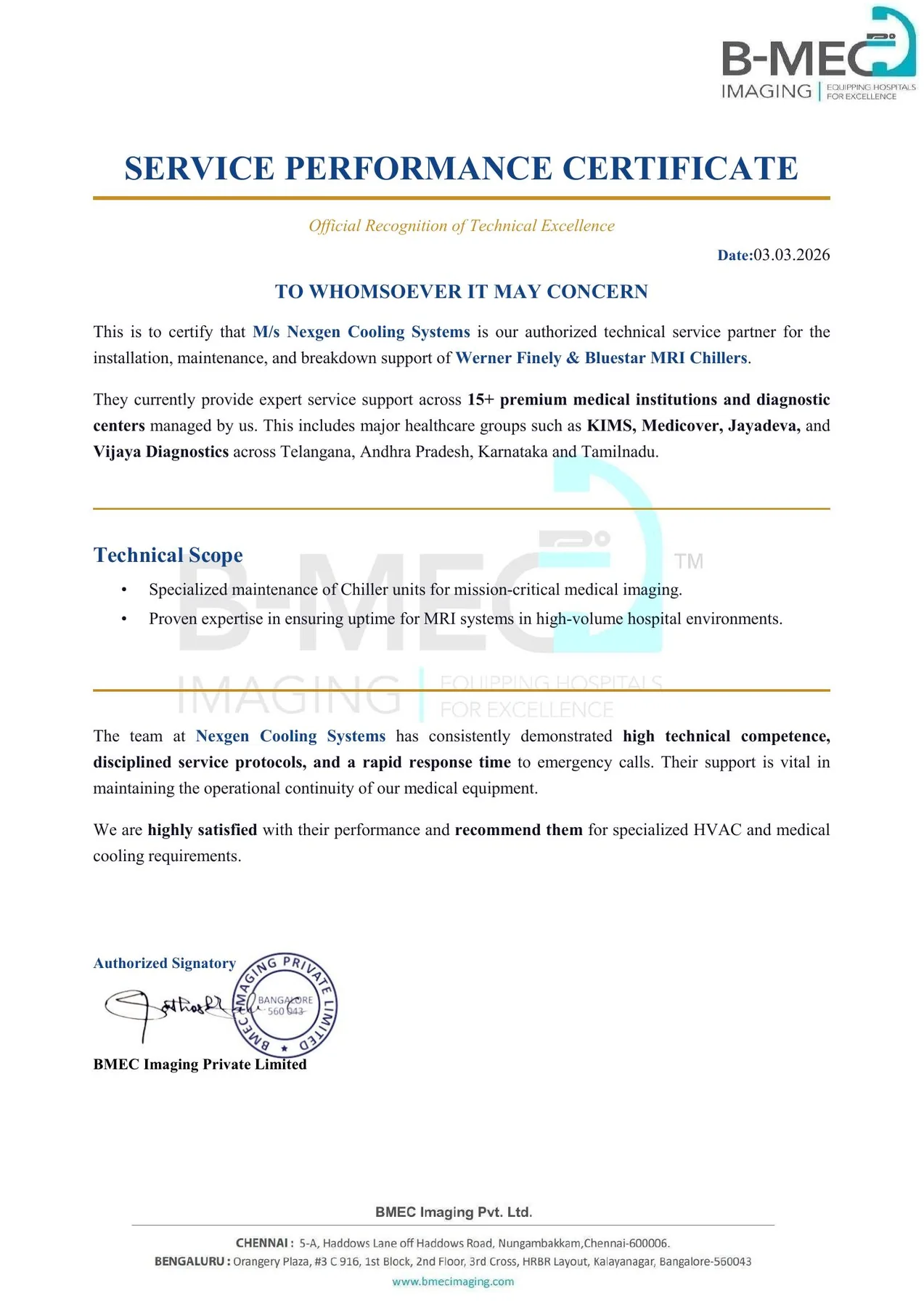 Complete BMEC Imaging service performance certificate issued to Nexgen Cooling Systems